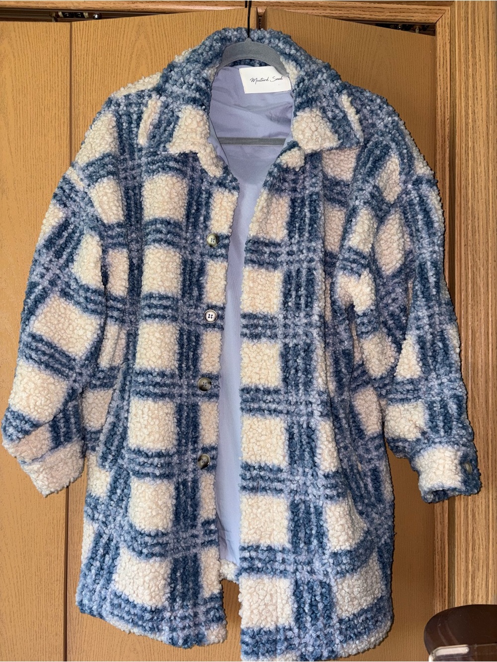Cream & Blue Plaid Teddy Sherpa Jacket